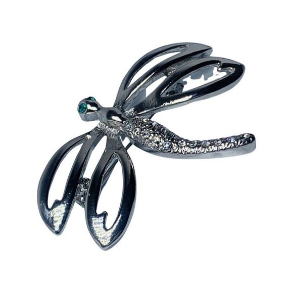 Shimmering Crystal Rhinestone Dragon Fly Vintage Silver Tone Brooch Pin 2.75” - Picture 9 of 15